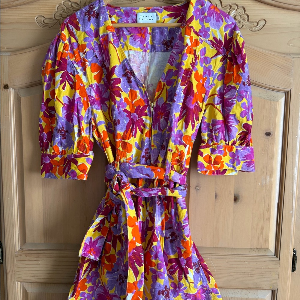 Tanya Taylor Floral V-Neck Romper in Yellow, Purple, Orange